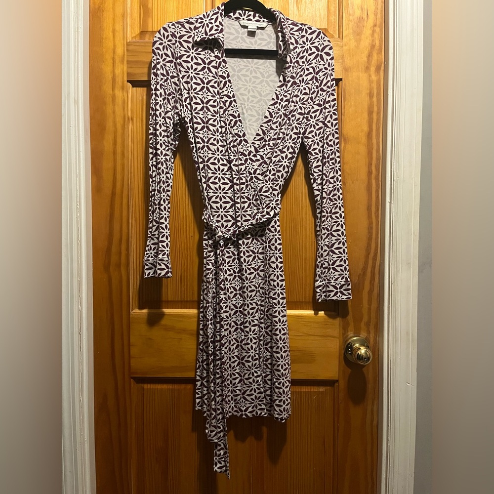 Purple and white Diane von Furstenberg size 12 wrap dress.